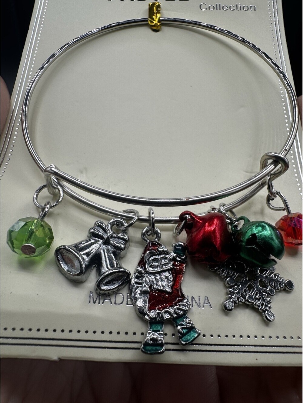 Christmas Charm Bangle Bracelet Silver Tone Santa Bells Snowflake NWT